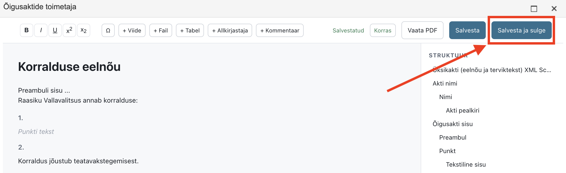 !akt-editori aken ja nupp Salvesta ja sulge
